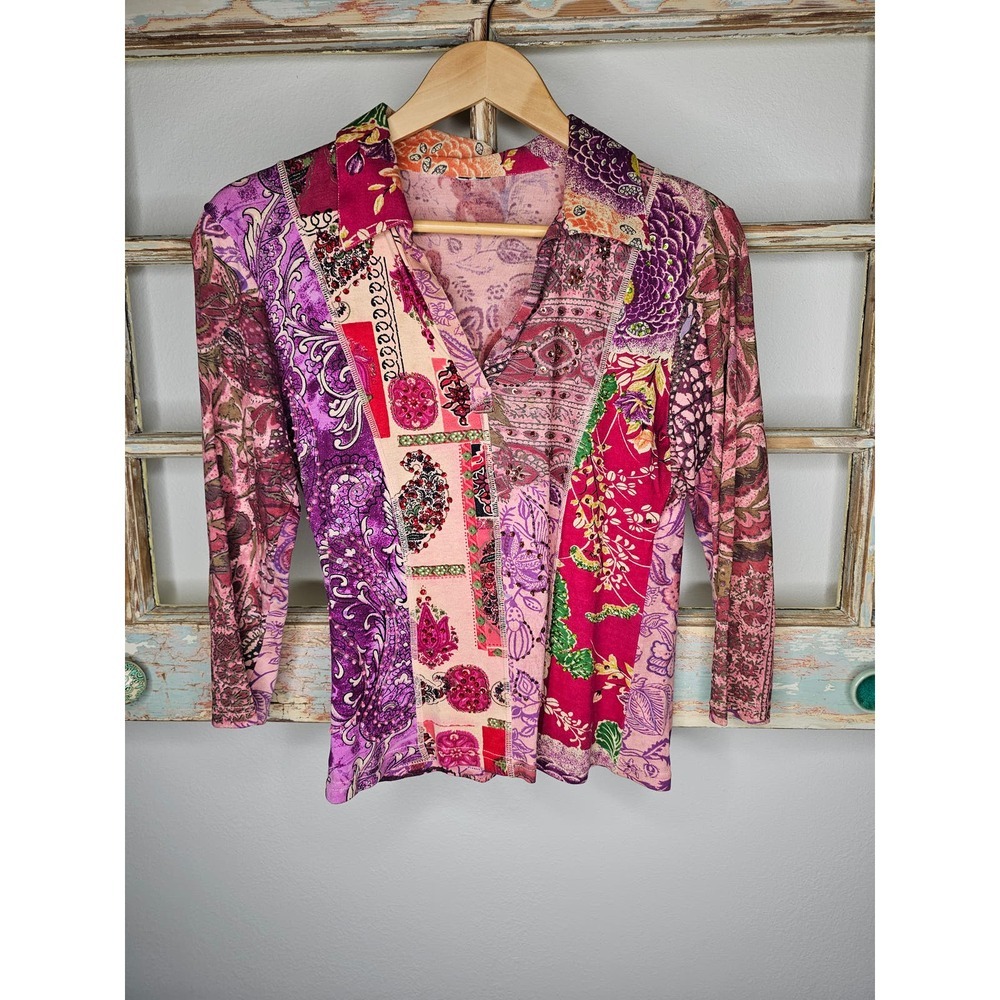 Patchwork Pattern Shirt With Sequence V- Neck Lad… - image 1